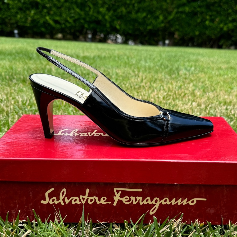 SOLD - Salvatore Ferragamo Black Calf Patent leather Sling back shoes